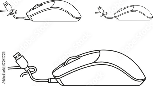 image shows three line drawings of a **wired computer mouse