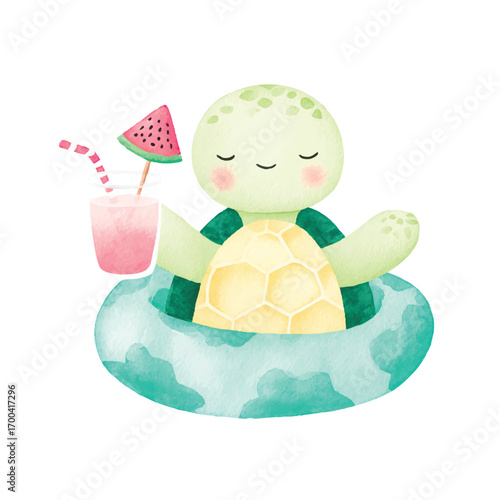 Adorable Watercolor Turtle Summer Drink Cute Animal Illustration 1.