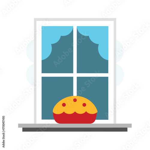 Pie on a Windowsill with Curtains Keywords: pie, pastry, baking, food, dessert, window