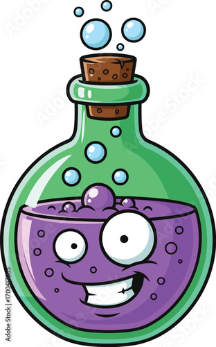 Cartoon potion bottle with a friendly, mischievous expression and bubbles rising