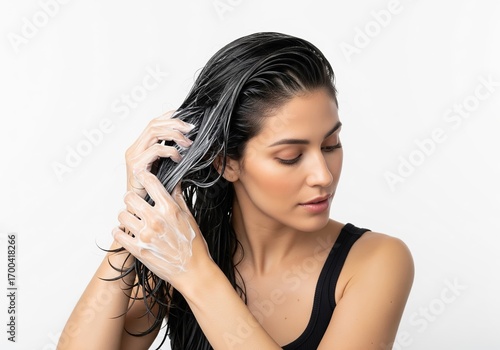 Woman applying nourishing conditioner mask to her wet brunette hair during a beauty routine