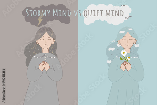 Stormy and Quiet Mind Concept Illustration – Mental Health Awareness, Mood Contrast, Emotional States Visual for Therapy and Counseling Projects
