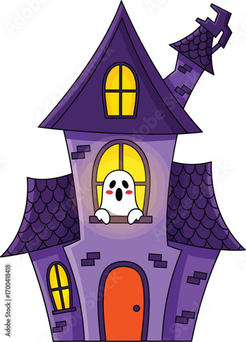 Spooky Halloween haunted house with friendly ghost character, perfect for festive designs