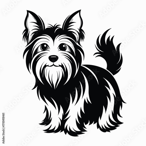 Stylized Black and White Illustration of a Cute Yorkshire Terrier Dog Standing Up