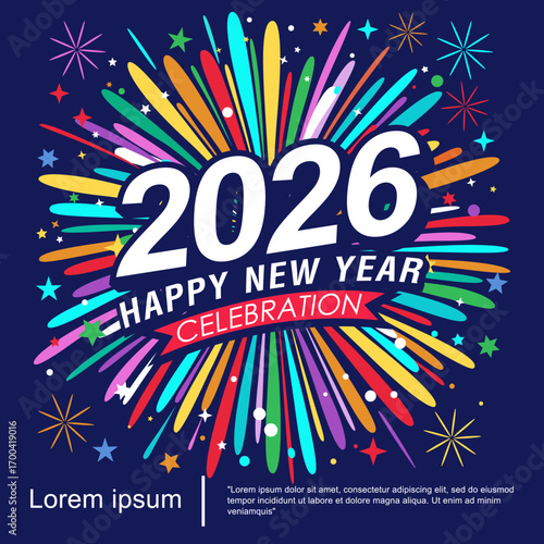 2026 Happy New Year celebration isolated with red ribbon, firework and sparklers. vector illustration template design for web, flyers, poster, invitation card or greeting card