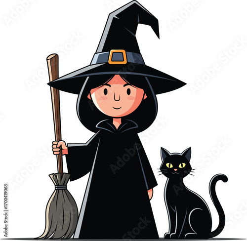 Happy cartoon witch with black cat ready for Halloween fun and spooky celebrations