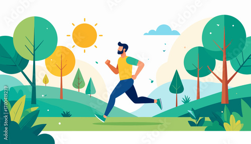 Active man running through a scenic summer park landscape, a flat design vector illustration concept of fitness and vitality