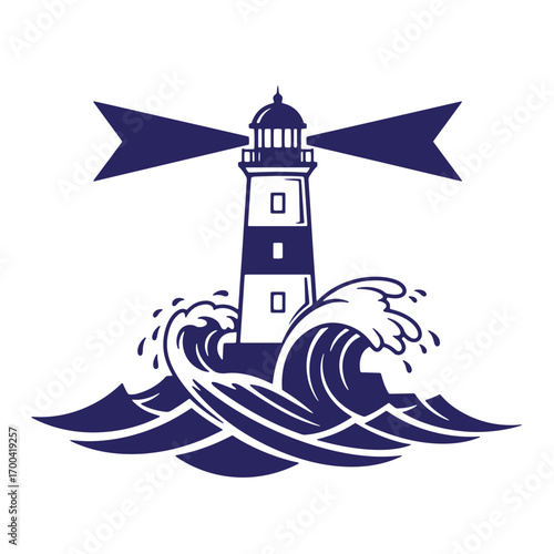 Vector illustration of a lighthouse guiding through rough seas and strong waves