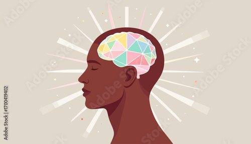 Abstract representation of human consciousness and mental clarity with a glowing, colorful geometric brain symbolizing neurodiversity and psychology