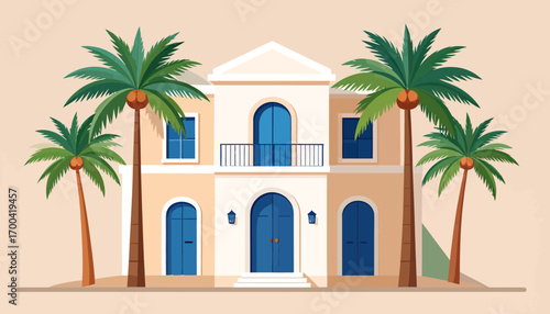 Elegant Mediterranean villa with blue doors and windows, flanked by tropical palm trees. A flat vector illustration of a luxurious summer vacation home or resort
