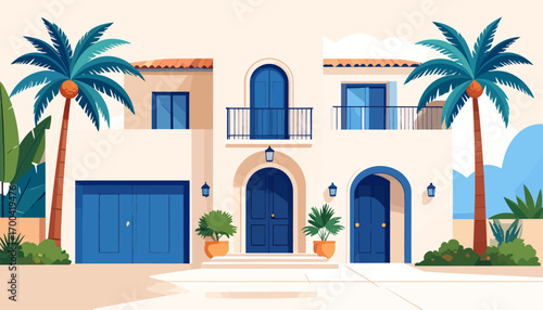 Elegant Mediterranean villa with blue doors and garage surrounded by palm trees, a concept of luxury summer living