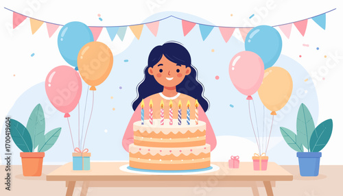 A charming flat illustration of a happy young woman celebrating her birthday, sitting at a table with a large decorated cake with lit candles, gifts, and colorful balloons