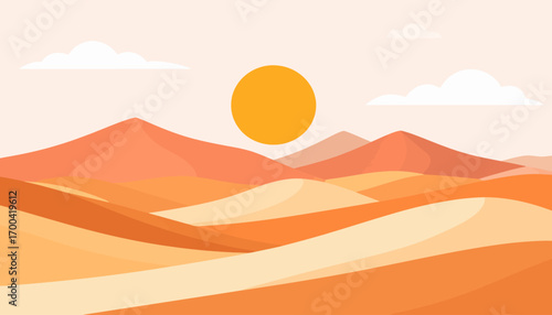 Stylized graphic of a warm desert landscape with rolling orange sand dunes and a central sun, a vector illustration for backgrounds and travel concepts