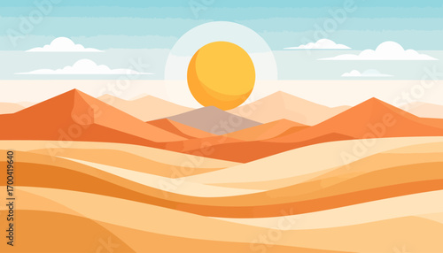 A tranquil desert panorama illustration featuring golden sand dunes under a bright sun, symbolizing vastness and natural exploration