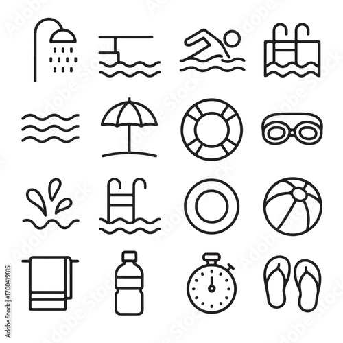 Swimming pool icons shower diving board swimmer pool ladder