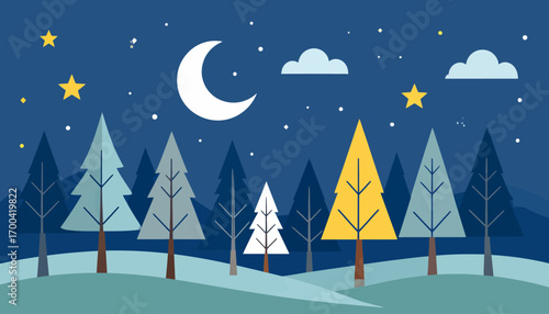 Enchanting winter night landscape with a crescent moon and stars shining over a colorful, stylized pine forest under a dark sky