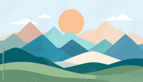 Serene panoramic landscape illustration of rolling hills and mountains under a tranquil sun