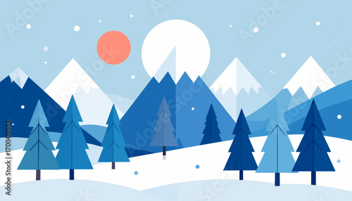 Vector illustration of a winter forest landscape with pine trees and snow, perfect for a Christmas holiday celebration card