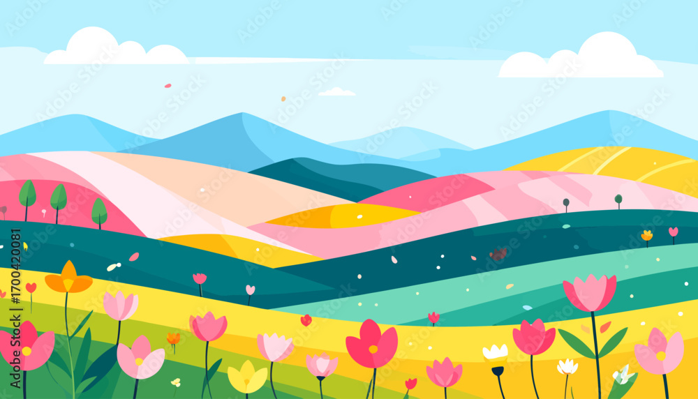 Fototapeta premium A vibrant cartoon summer landscape with a rainbow arching over green hills and a flower-filled meadow