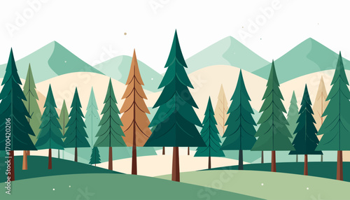A vector illustration of a winter landscape with snowy pine trees for the Christmas holiday season