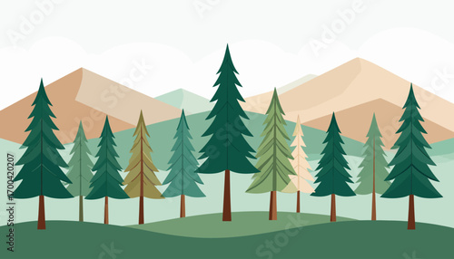 Vector illustration of a winter forest with pine and fir trees, decorated with snowflakes, for a Christmas holiday card design