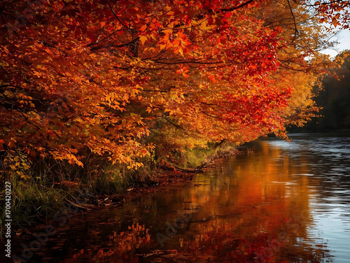 Arched Bridge over a Rocky Stream with Autumn Leaves