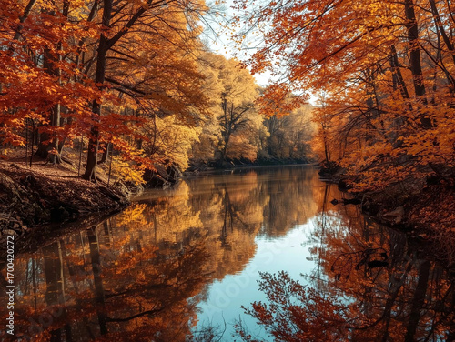 Close-up of Golden Autumn Leaves Overhanging a River