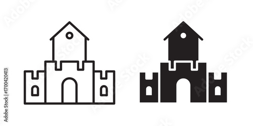 Castle icon.  Fortified lord residence. Strong citadel. Stone fortress. Kingdom palace. Contour symbol. Vector illustration with stroke and fill on a white background.