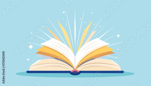 a vibrant, open book against a light blue background