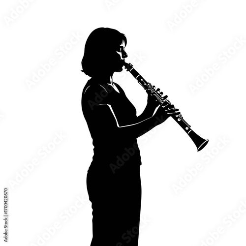 Woman playing clarinet silhouette isolated on white background