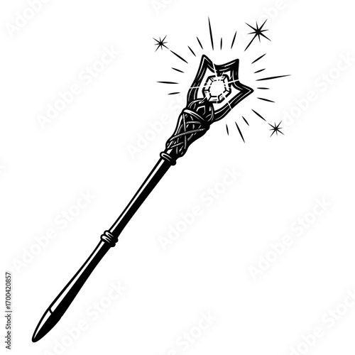 Ornate magic wand with starbursts silhouette isolated on white background