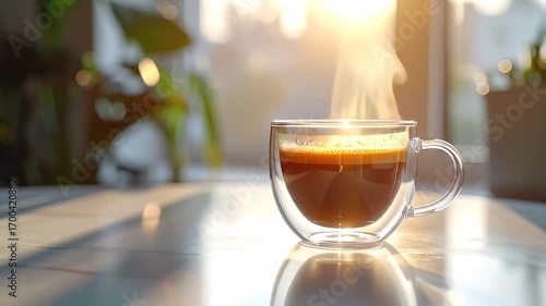 Steaming Coffee Cup on Table in Sunlight