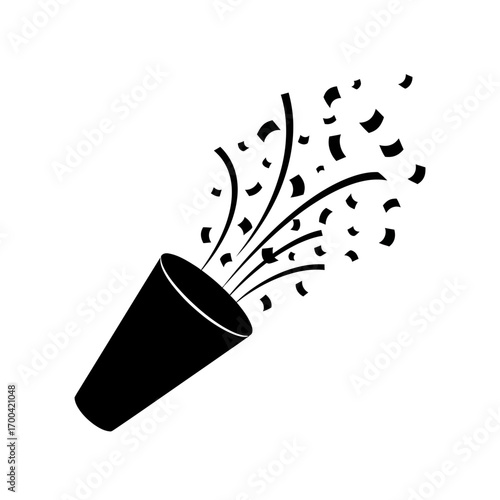 Party popper silhouette releasing confetti isolated on white background