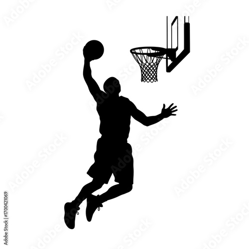 Basketball player dunking silhouette isolated on white background