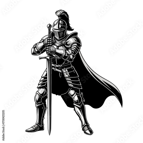 Knight in armor holding sword silhouette isolated on white background