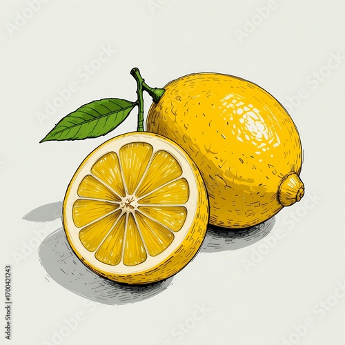 Detailed artistic illustration of a fresh lemon with one half sliced revealing juicy segments and