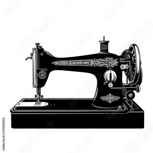 Vintage sewing machine silhouette isolated on white background