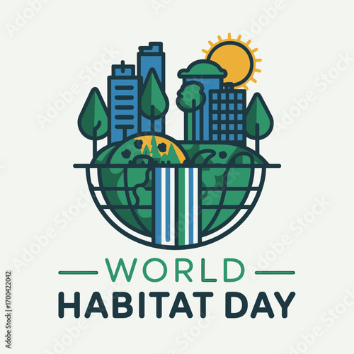 Vector art of world habitat day illustration with cityscape on globe and sun, symbolizing urban development and environmental awareness