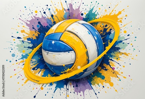 Dynamic artistic depiction of a volleyball encircled by a vibrant ring with colorful splattered
