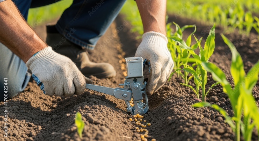 Fototapeta premium Medium shot of a farmer adjusting corn seeding depth for shallow planting showing precise placement in loose soil for early germination and quick sprouting.