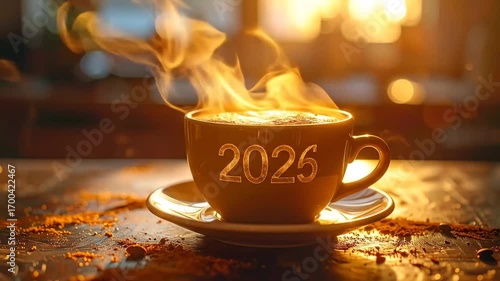 Steaming Coffee Cup with 2026 New Year Inscription