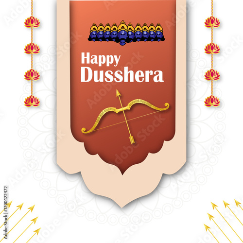 Happy Dussehra banner. Bow and arrow with flower wreath. Hindu Navratri festival, Vijayadashami holiday. Vector illustration.