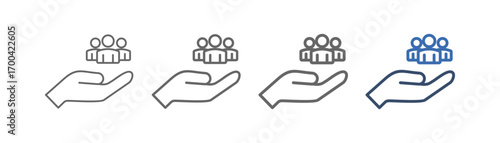 
outline icon set community with hand design and three people on it
