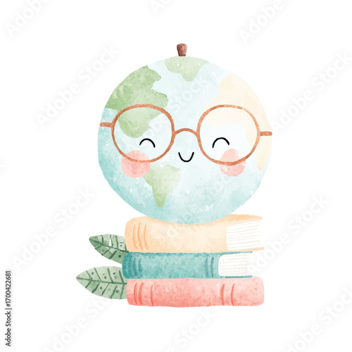 Cute Globe Character with Glasses on Books Watercolor Illustration 1.