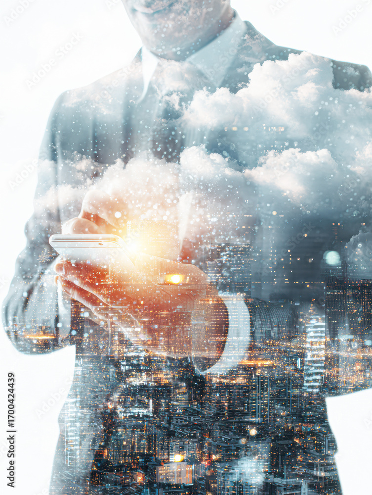 Obraz premium A professional in a suit interacts with a smartphone, surrounded by a dreamy cityscape and clouds, symbolizing connectivity and innovation.