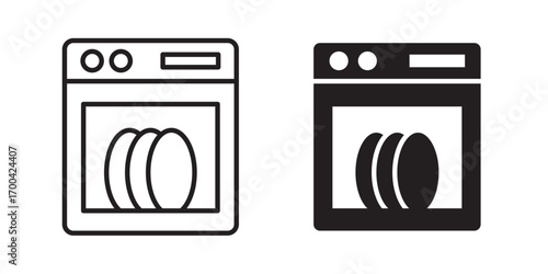 Dishwasher icon. Wash dishes and plates sign. Dish cleaning machine symbol. Vector illustration with stroke and fill on a white background.