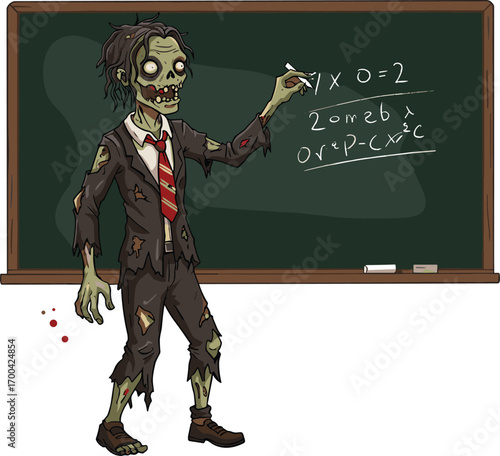 Zombie teacher writing strange equations on chalkboard, undead professor in torn suit, cartoon-style horror illustration with blood drops