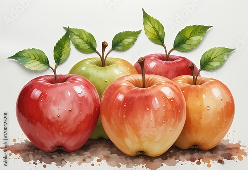 vivid close up illustration of fresh apples with leaves arranged on soil background showcasing