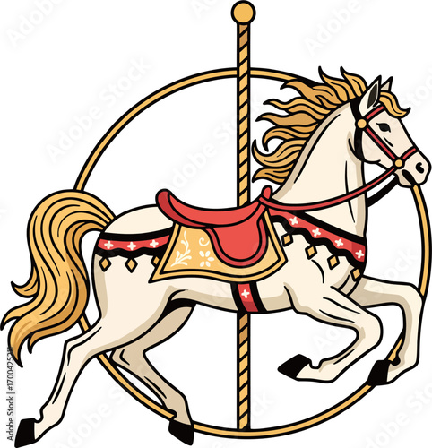 Ornate Vintage Carousel Horse Vector – Golden Mane, Red and Gold Saddle, Classic Fairground