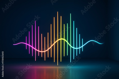 Vibrant neon soundwave spectrum in rainbow colors glowing against dark background futuristic abstract concept